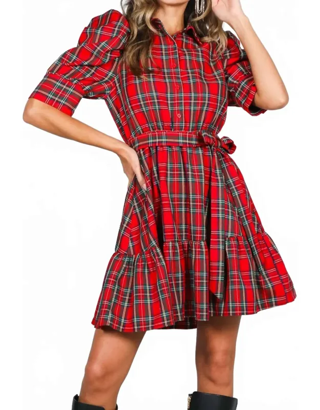 Plaid Short Puff Sleeve Mini Dress