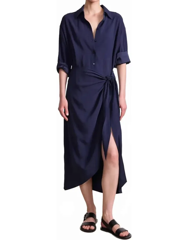 Alessandra Sarong Shirt Dress With Asymmetrical Drape And Front Slit