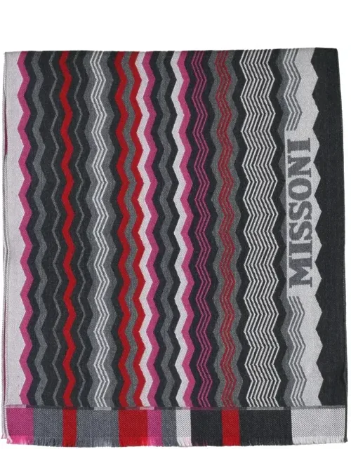 _multicolor Wool Scarf With Vibrant Zigzag Design And Delicate Fringe_