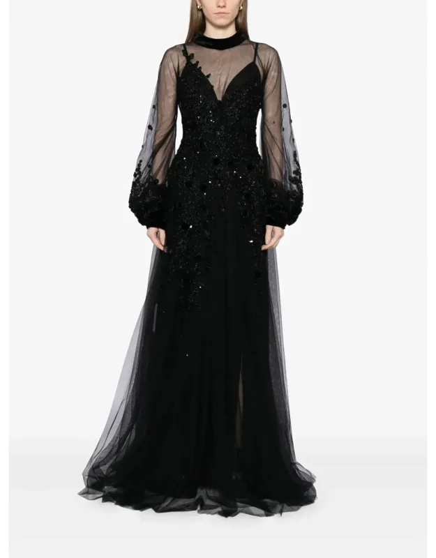 Embroidered Tulle Dress With Sheer Overlay And Velvet Cuffs
