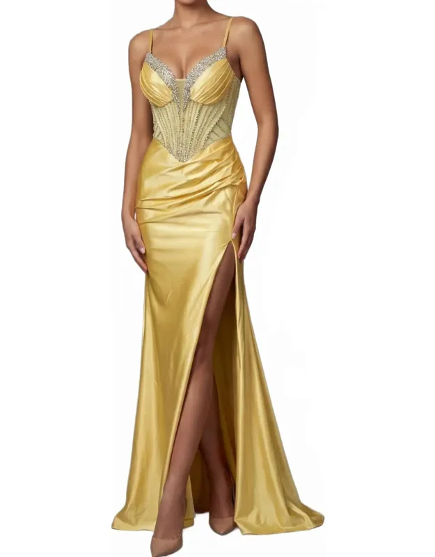 Beaded Corset Dress With Satin Skirt