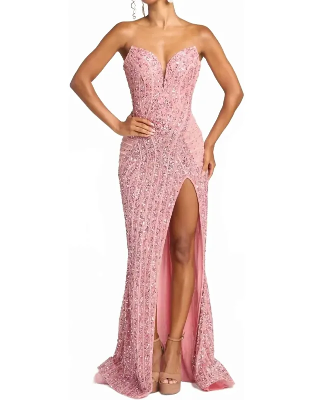 Embellished Strapless Dress With Slit