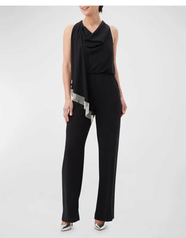 Cowl-neck Draped Fringe-trim Jumpsuit