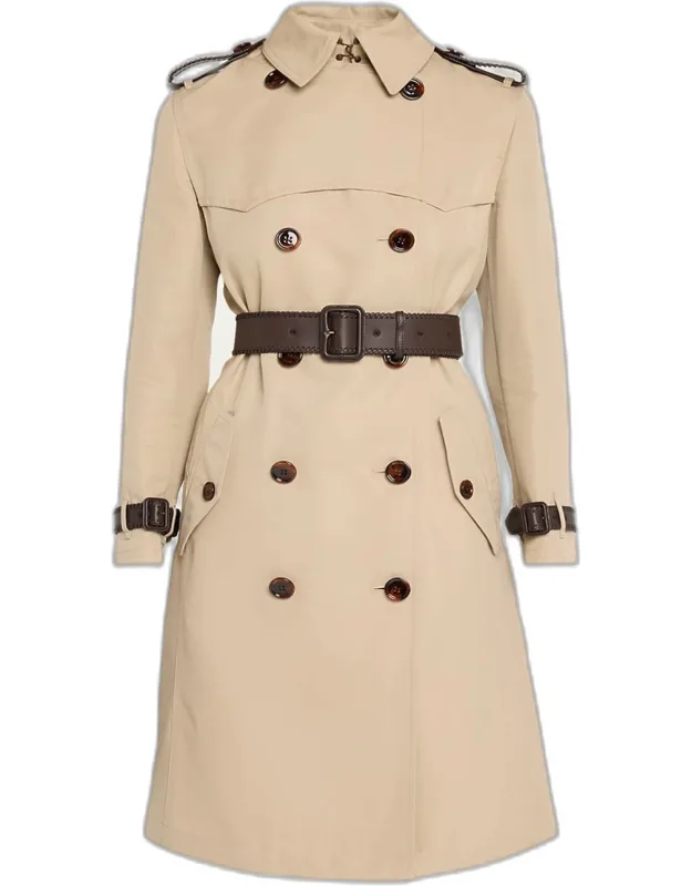 Leather-trim Double-breasted Trench Coat