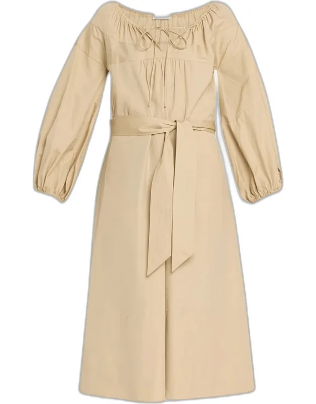 Shirred Cotton Belted Tie-neck Midi Dress