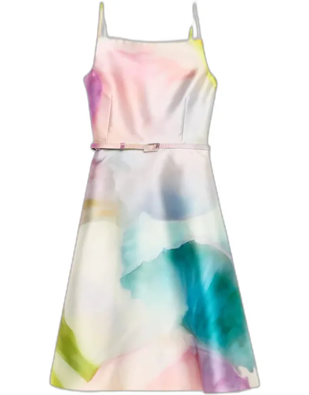Square-neck Sleeveless Satin Belted Mini Dress