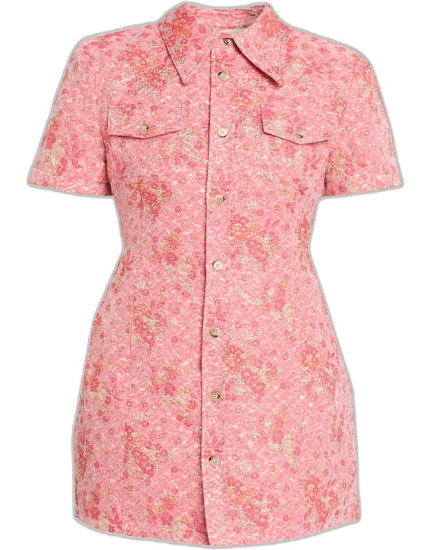 Metallic Floral Cloqué Mini Shirtdress