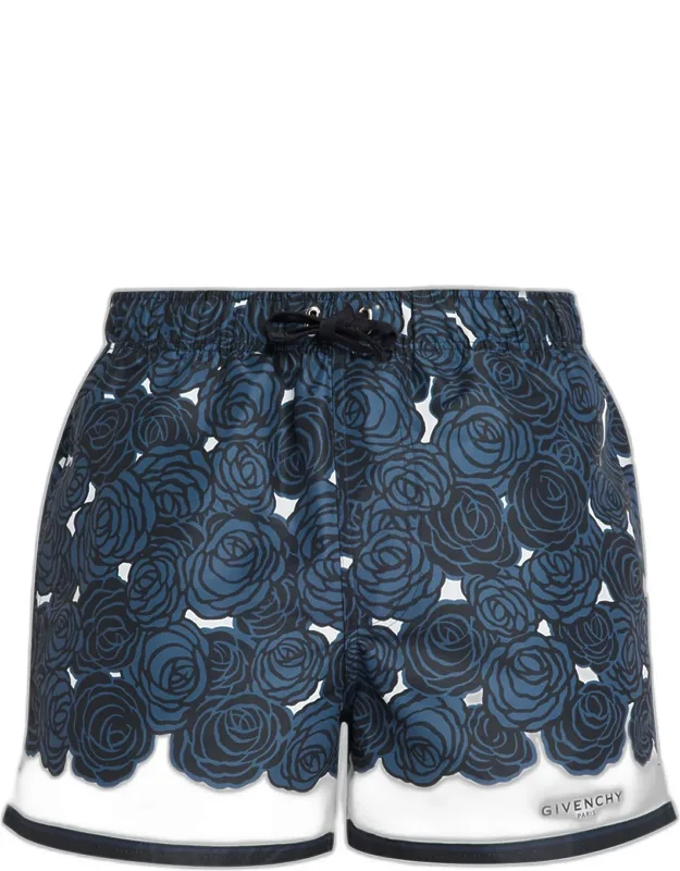 Short-length Rose-print Nylon Swim Trunks