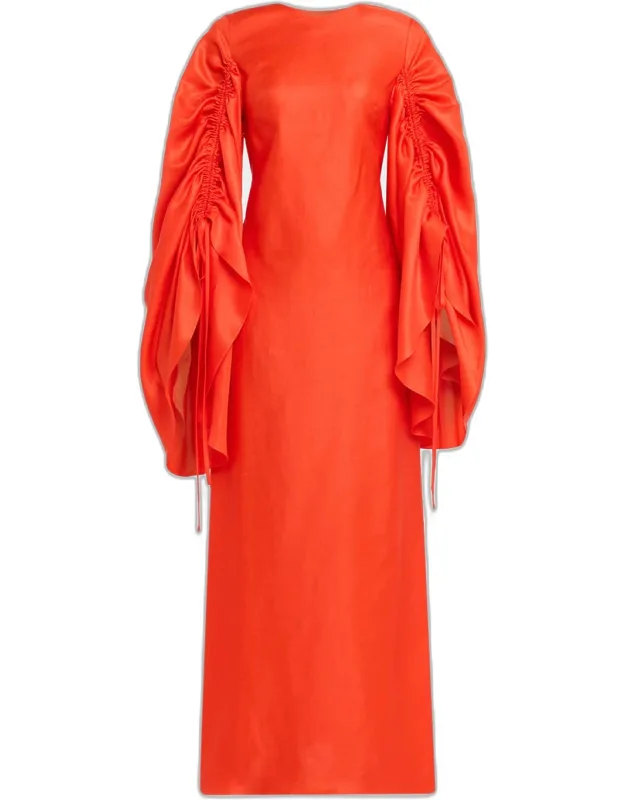 Ruched Shell-sleeve Bow Backless Maxi Dress