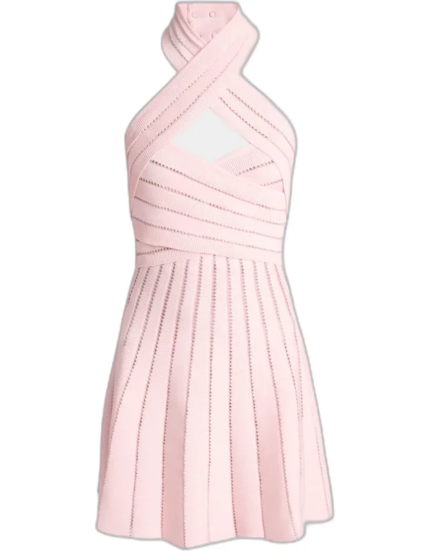Crisscross Halter Pleated Knit Mini Dress