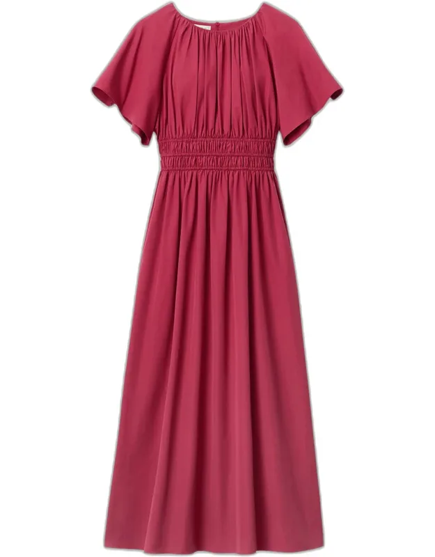 Shirred Cotton Poplin Midi Dress