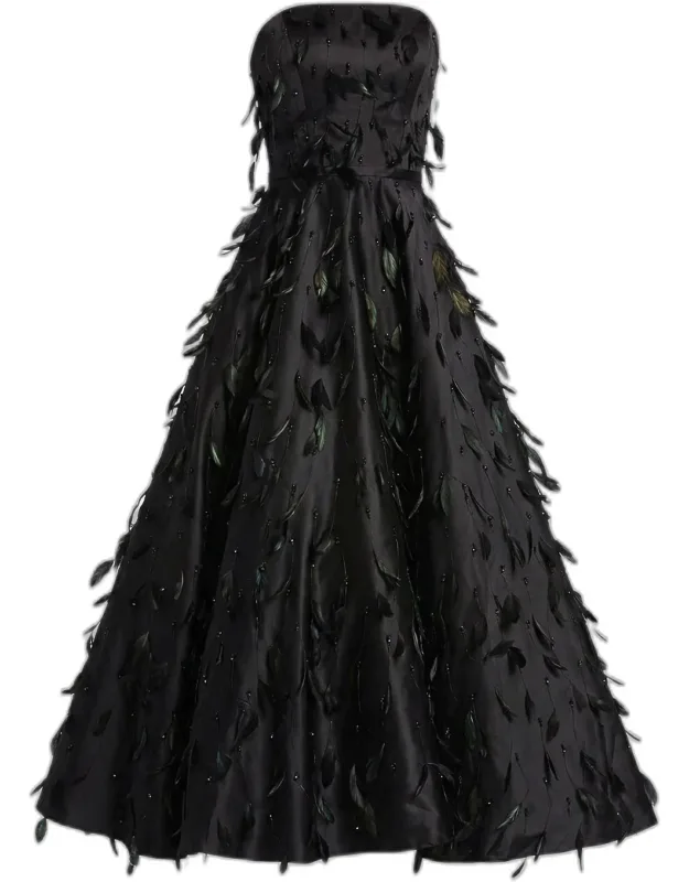 Feather-embellished Satin Maxi Dress
