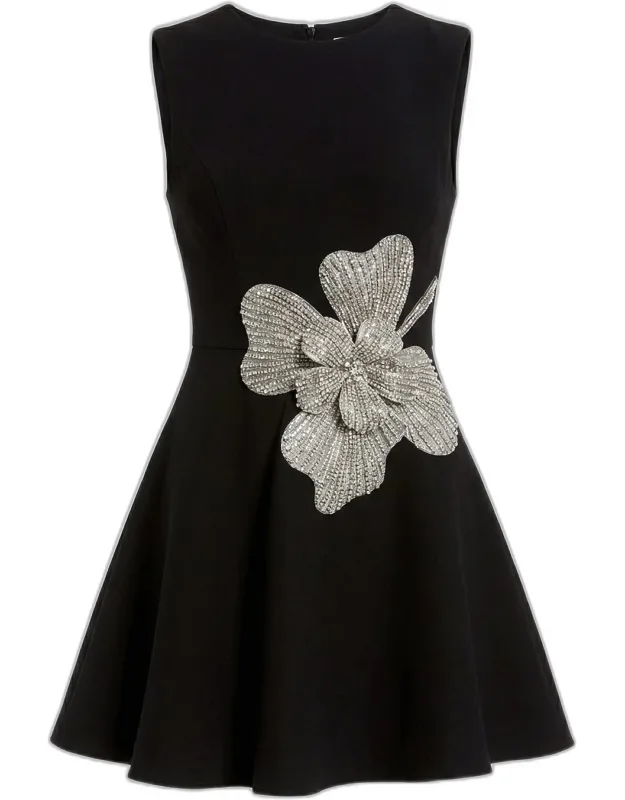 Rhinestone Flower-embellished Crepe Mini Dress