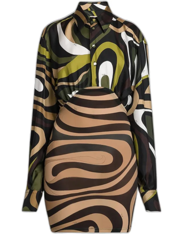 Abstract-print Silk Mini Shirtdress