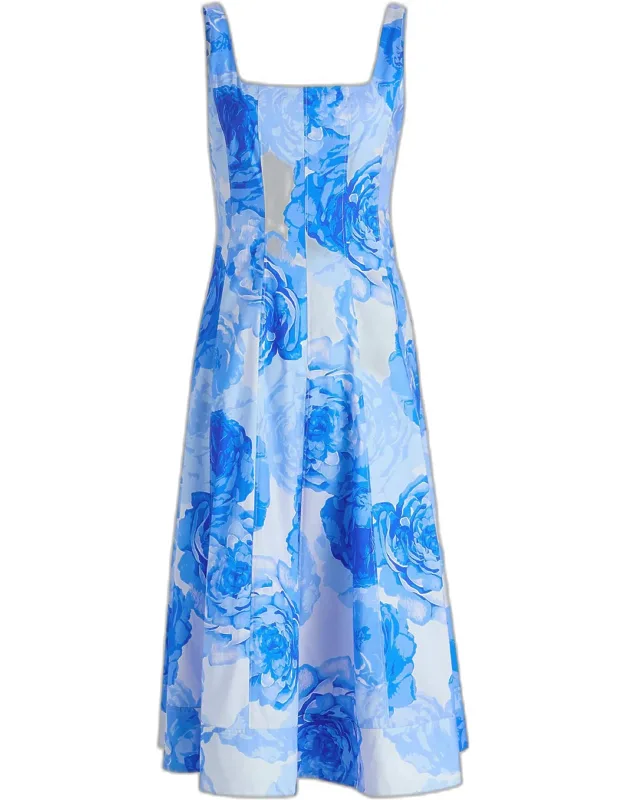 Printed Stretch Cotton Poplin Midi-dress