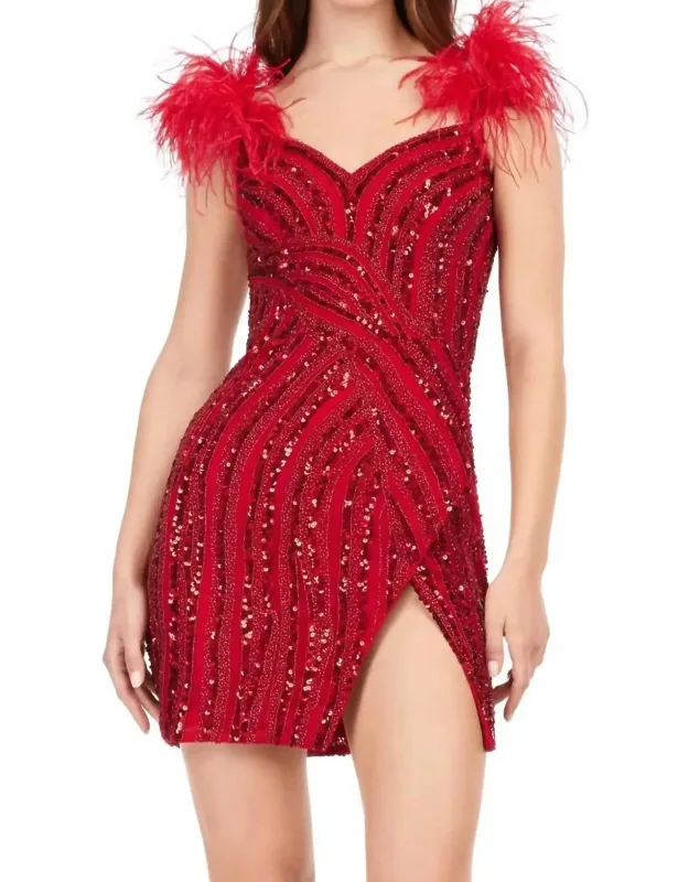 Sweetheart Feather Strap Beaded Dress