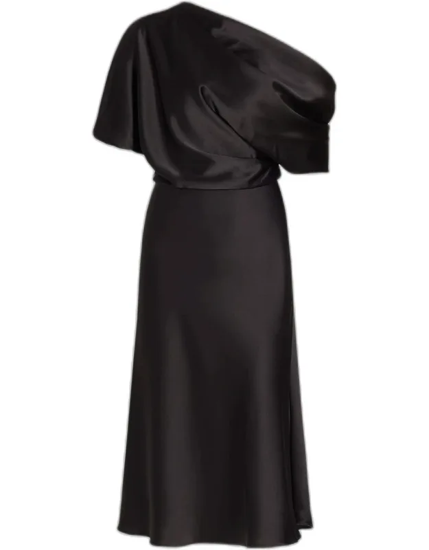Draped Satin One-shoulder Midi-dress