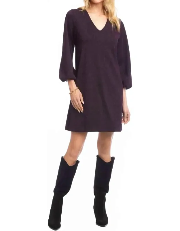 Blouson Sleeve Metallic Knit V-neck Dress