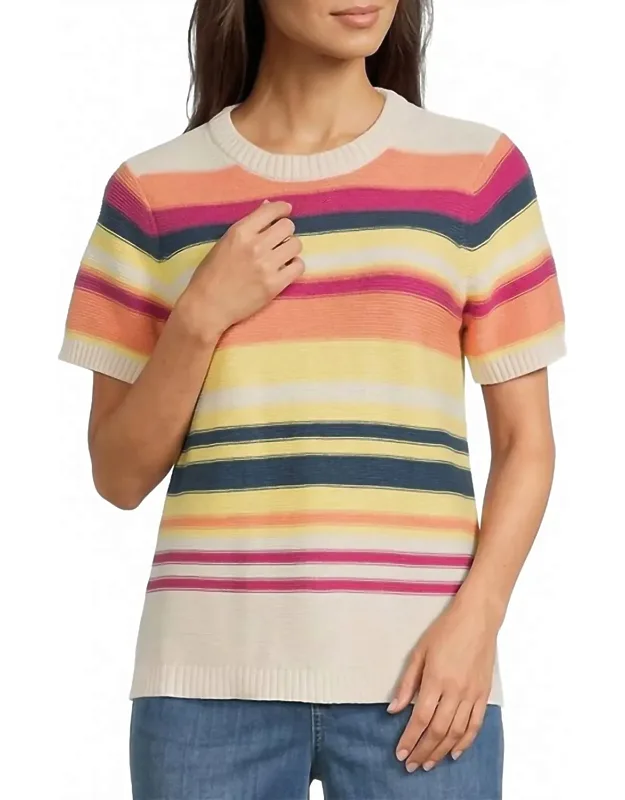 Ribbed Knit Textured Stripe Crew Neck Short Sleeve Top