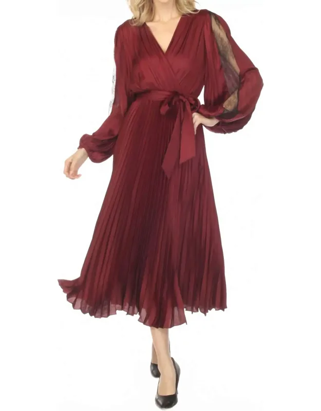 Pleated Satin Belted Midi Dress