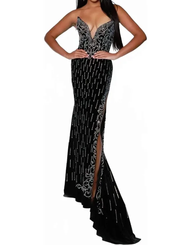 Rhinestone Appliqued Strapless Evening Dress