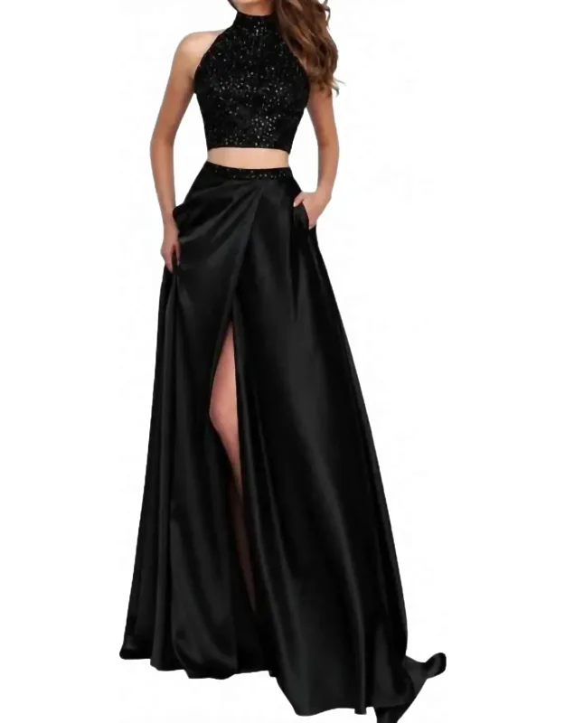 Two-piece Halter High Slit Prom Dress