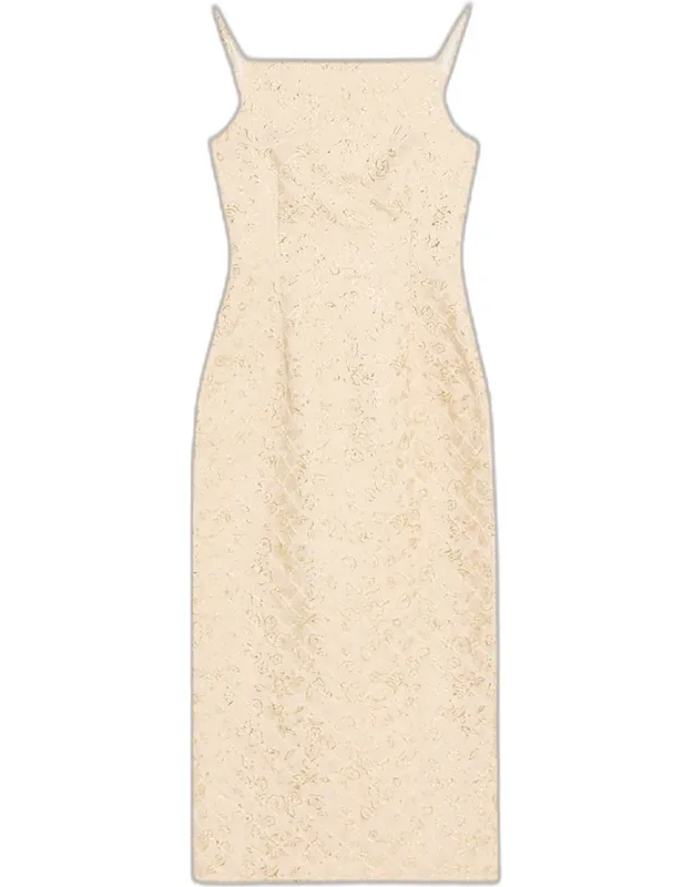 Floral Jacquard Square-neck Sleeveless Midi Dress