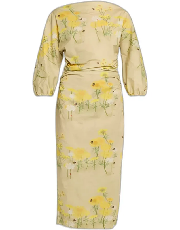 Floral Ruched Cotton 3/4-sleeve Midi Dress