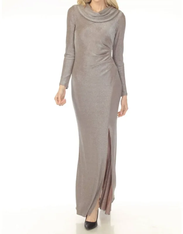 Shimmery Cowl Neck Maxi Evening Dress