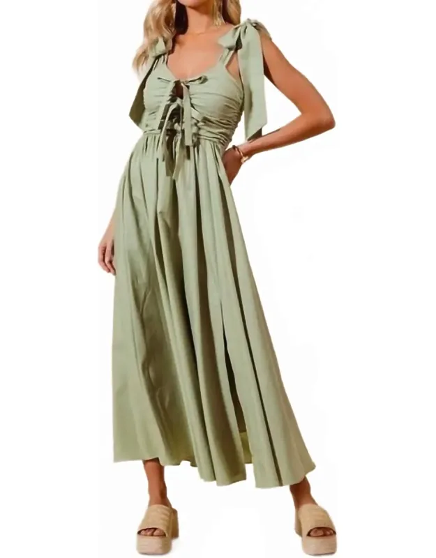 Shirring Bow Tie Midi Dress