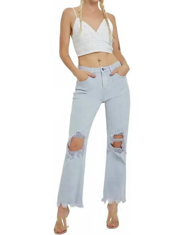 High Rise Knee Distressed Straight Pants