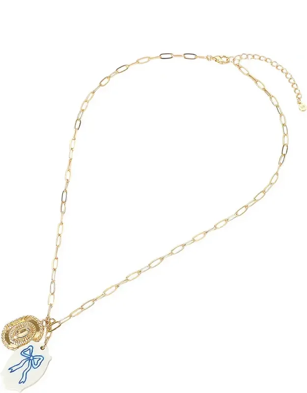 Secret Box Genuine Gold Dipped Cowboy Hat Charm Bow Printed Ceramic Pendant Paperclip Chain Necklace