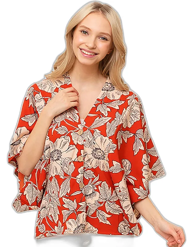 Floral Print Button Down Kimono Poncho