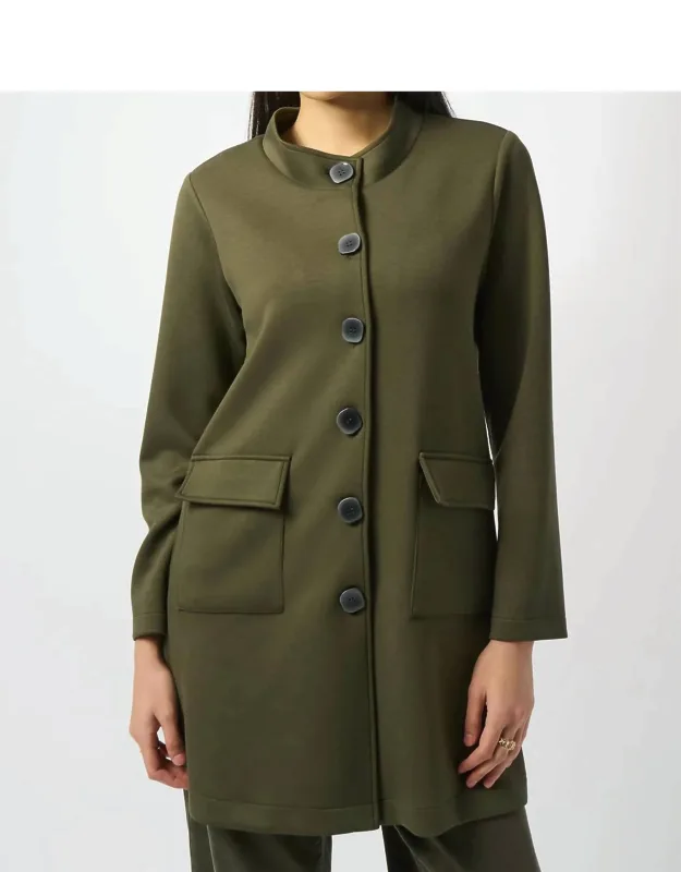 Stand Collar Faux Pocket Long Sleeve Coat