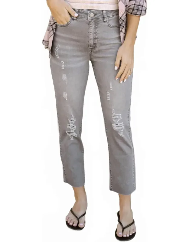 Distressed Cropped Straight Leg Denim Jeans