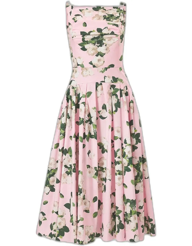 Rose-print Pleated Drop-waist Midi Dress