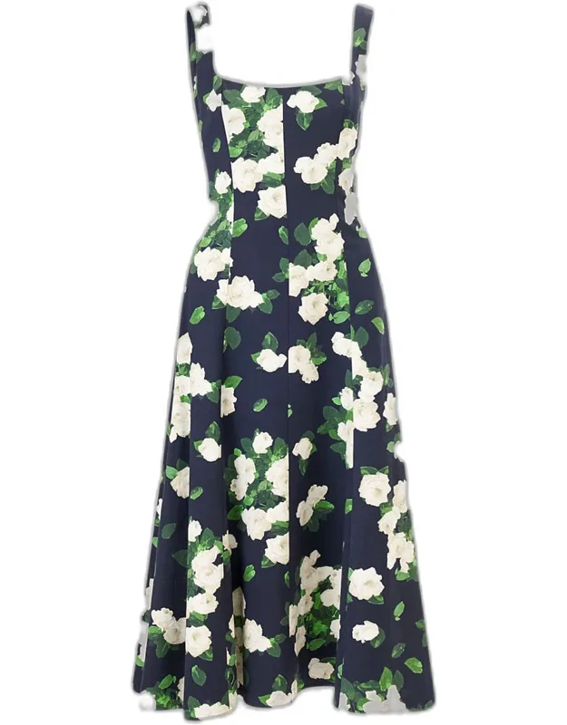 Sleeveless Square-neck Rose-print Paneled Midi Dress