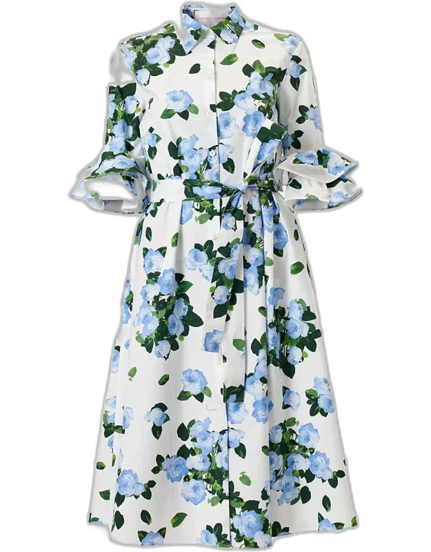 Tiered Ruffle Sleeve Belted Midi Shirtdress