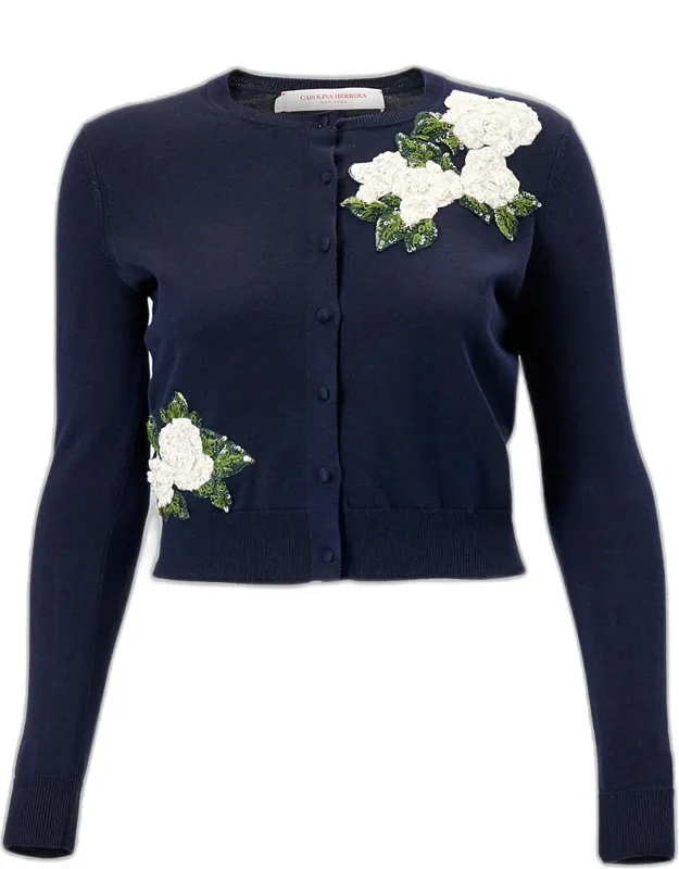 Sequined Floral Embroidered Crewneck Cardigan