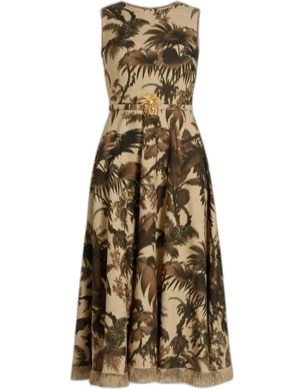 Sleeveless Palm-print Belted Midi Dress