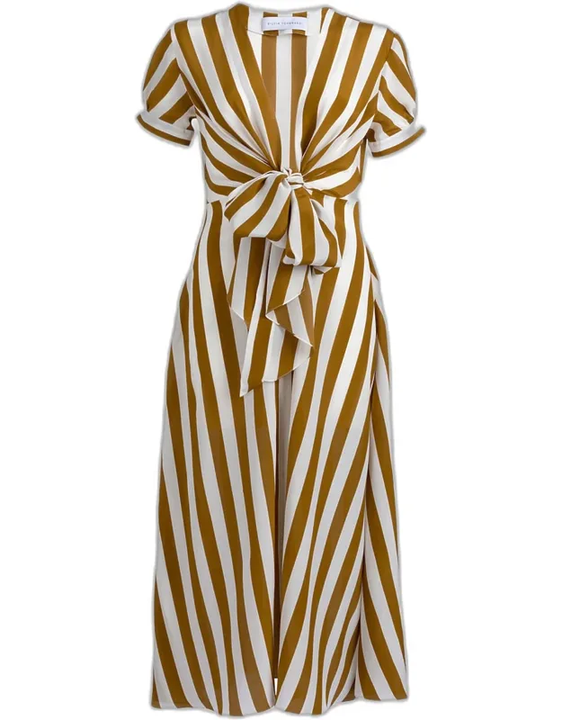 Zila Plunging Knot Striped Silk Midi Dress