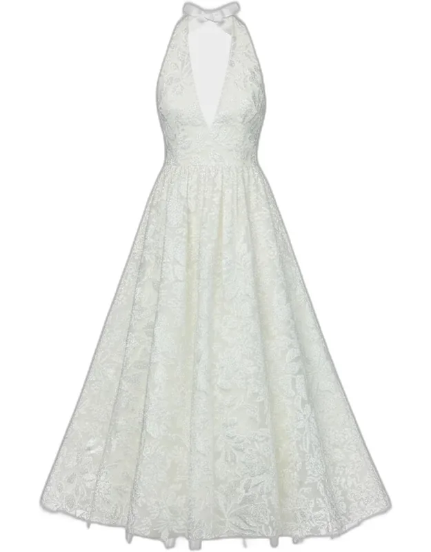 Sequin-embroidered Plunging Halter Midi Dress