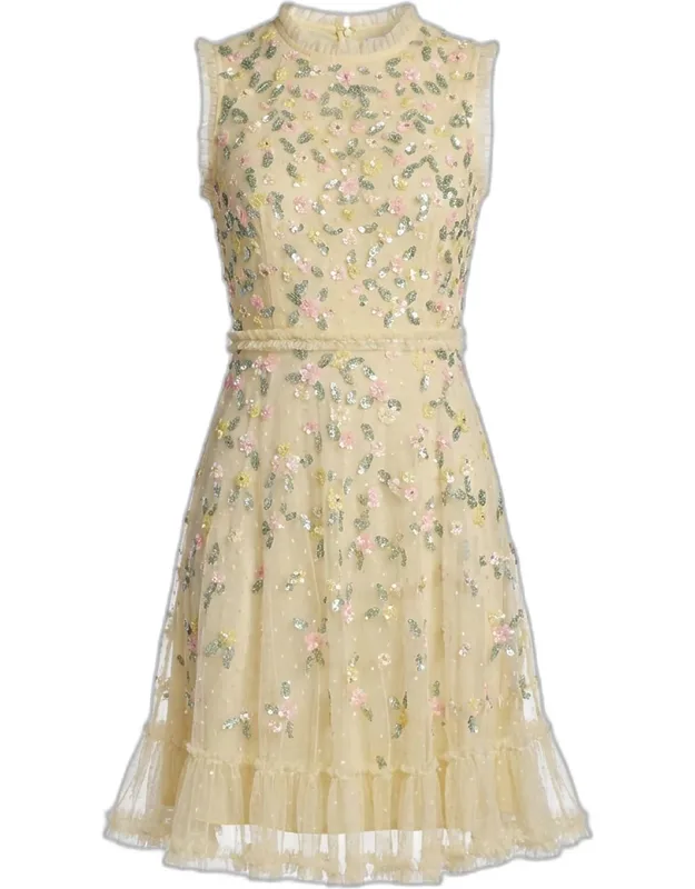 Ruffle-trim Floral Sequin Mesh Dress
