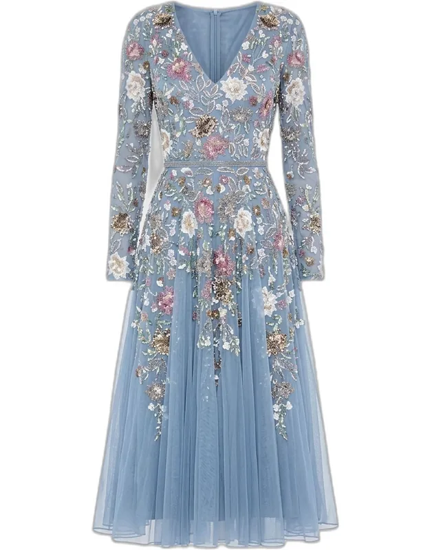 Floral Beaded Mesh Midi Dress