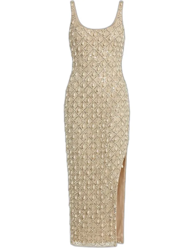 Beaded Bodycon Mesh Midi Dress