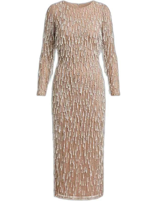 Pearly Fringe Mesh Midi Dress