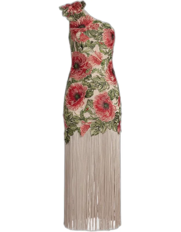 Floral-embroidered One-shoulder Gown With Fringe Skirt