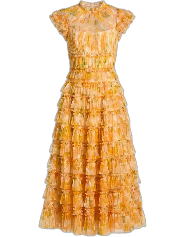 Floral-print Ruffle Mesh Midi Dress