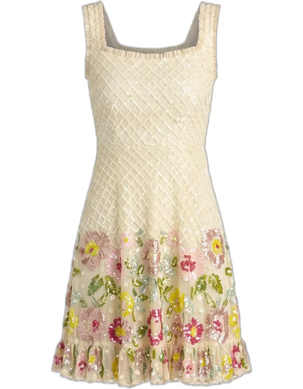 Ruffle-trim Floral Sequin Mesh Mini Dress