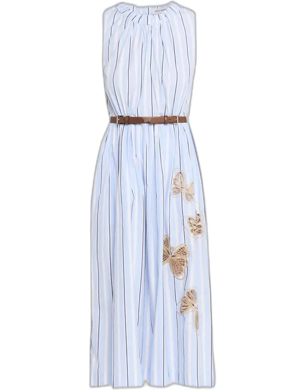 Butterfly Embroidered Striped Cotton Midi Dress